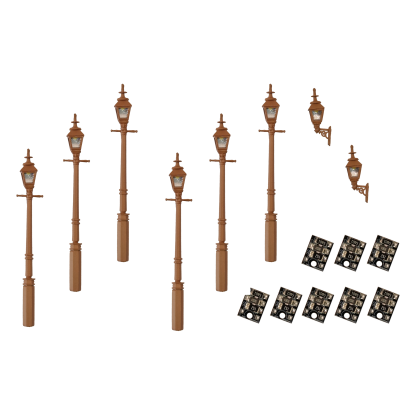 4mm Scale Gas Lamps Value Pack - Brown (2x Wall Lamps, 6x Street/Platform Lamps)
