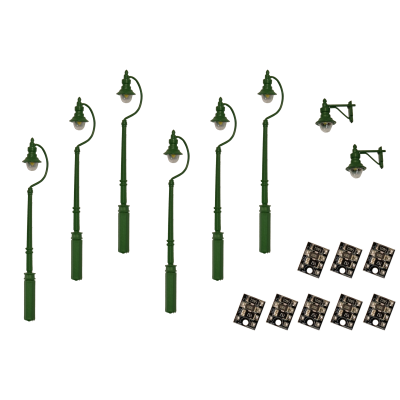 4mm Scale Swan-Neck Lamps Value Pack - Green (2x Wall Lamps, 6x Street/Platform Lamps)