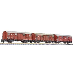 3-unit set, Covered goods wagon, Gbs 245, smooth panels, without platform, DB, era IV