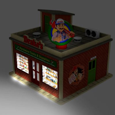 O Scale Hardware Shop withRotating Banner and Window Lights