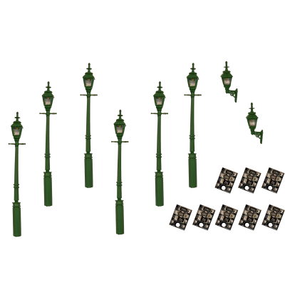 4mm Scale Gas Lamps Value Pack - Green (2x Wall Lamps, 6x Street/Platform Lamps)