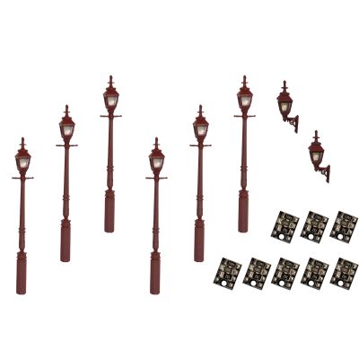 4mm Scale Gas Lamps Value Pack - Maroon (2x Wall Lamps, 6x Street/Platform Lamps)